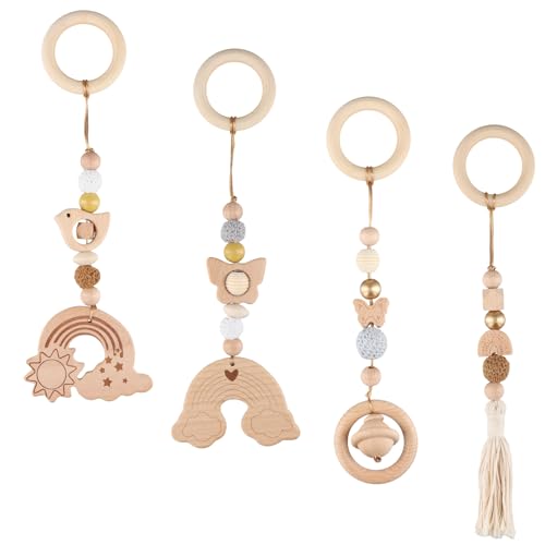 FESSOSKO 4 Stück Spielbogen Baby Holz, Baby Spielzeug ab 0 Monate, Spielebogen Babies Toys, Anhänger für Babyschale, Kinderwagen, Autositz, Babyspielzeug für Mädchen und Jungen (Holz) von FESSOSKO