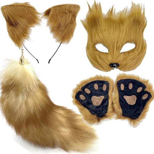 FEXATA Therian Maske und Schwanz Set Katze Maske Schwanz Cosplay Fuchsmaske Wolfsschwanz Katzenohren Therian Pfoten für Frauen Halloween (Braunes Schwanzmasken-Set), Standard von FEXATA
