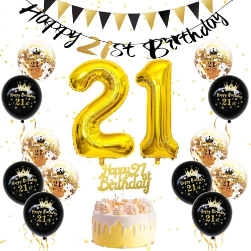 21 Geburtstag Deko, Schwarz Gold Deko 21 Geburtstag Frauen Männer, Happy Birthday Geburtstagdeko Luftballons Nummer 21, Happy Birthday-Banner, schwarzgoldene Luftballons, Tortenaufsatz von FEYG