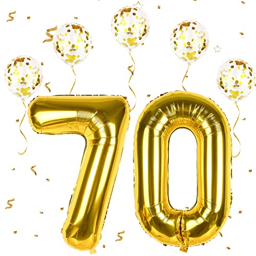 Gold Luftballon Zahlen 70, XXL Folienballon Zahl in 40" - 101cm Geburtstagsdeko mit Gold Konfetti Ballons für Männer Frauen 70. Geburtstagsparty Deko, Jubiläum Dek-fliegt mit Helium (Zahlen 70) von FEYG