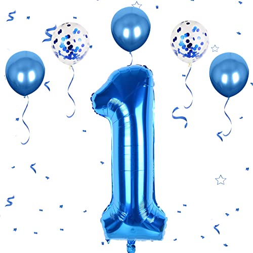 Luftballon 1. Geburtstag Zahl 1 Blau, XXL Riesige Folienballon in 40" - 101cm Geburtstagsdeko mit Metall Konfetti Ballons, Helium Ballon für Mädchen Junge Geburtstag Hochzeit Jubiläum Party Dekoration von FEYG