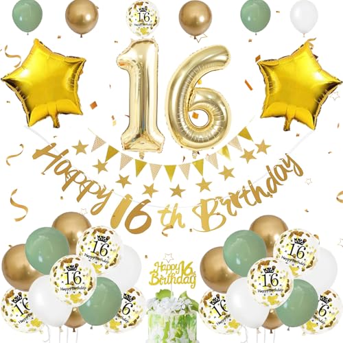 Luftballon 16. Geburtstag Salbeigrüne - Deko Set Mit Folienballon Zahl 16, Banner, Tortendeko für Junge Mädchen - 16 Jahre Feier Luftballon 16. Geburtstag Salbeigrüne - Deko Set Mit Folienballon Zahl 16, Banner, Tortendeko für Junge Mädchen - 16 Jahre Feier von FEYG