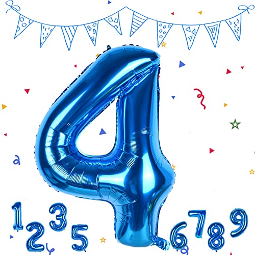 Luftballon 4. Geburtstag Zahl 4 Blau, XXL Riesen Folienballon in 40" - 101cm Geburtstagsdeko, Helium Ballon Zahl 4 Deko für Geburtstag Deko Hochzeit Jubiläum Party Dekoration Fliegt mit Helium. von FEYG