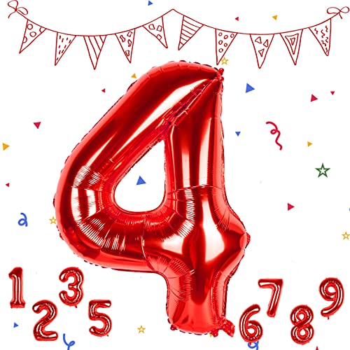 Luftballon 4. Geburtstag Zahl 4 Rot, XXL Riesen Folienballon in 40" - 101cm Geburtstagsdeko, Helium Ballon Zahl 4 Deko für Geburtstag Deko Hochzeit Jubiläum Party Dekoration Fliegt mit Helium. von FEYG