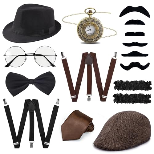 FEYIR 1920er-Jahre-Kostüm-Zubehör für Herren, Fedora-Hut, Taschenuhr, Hosenträger mit Fliege, Gatsby, Cosplay, brüllendes 20er-Jahre-Kostüm für Herren von FEYIR