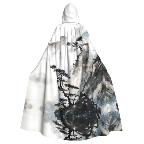 FEYUNYAN Gruseliger Halloween-Umhang für Erwachsene, chinesische Landschaftsmalerei, Kapuzenumhang, Gothic-Hexe, Vampirumhang, Kapuzenmantel, verstellbarer Kordelzug, Kostüm-Umhang für Halloween von FEYUNYAN