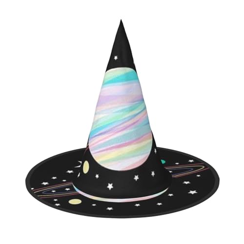 FEYUNYAN Halloween-Hexenhut, verstellbar, biegbar, Hexenkostüm, Zubehör für Damen und Erwachsene, Party, spitze Zauberermütze, Planetenmuster, Halloween-Hut, 1 Stück von FEYUNYAN