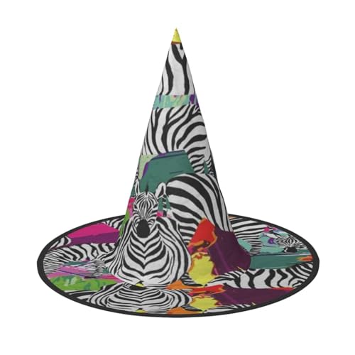 FEYUNYAN Halloween-Hexenhut, verstellbar, biegbar, Hexenkostüm, Zubehör für Damen und Erwachsene, Party, spitze Zauberermütze, Zebra-Halloween-Hut, 1 Stück von FEYUNYAN