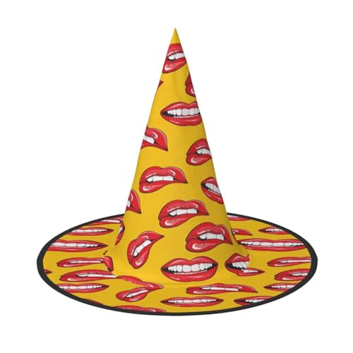 FEYUNYAN Halloween-Hexenhut, verstellbar, biegbar, Hexenkostüm, Zubehör für Damen und Erwachsene, Party, spitze Zauberermütze, lächelnder roter Mund, Halloween-Hut, 1 Stück von FEYUNYAN