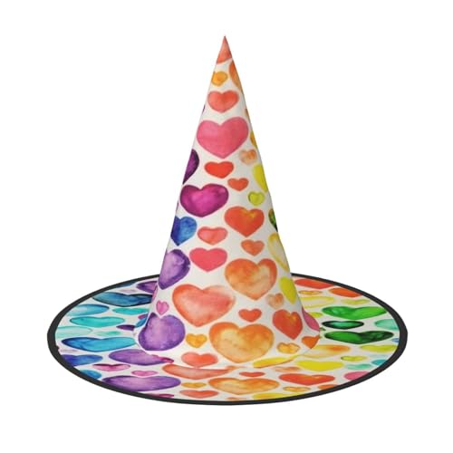 FEYUNYAN Halloween-Hexenhut, verstellbar, biegbar, Hexenkostüm, Zubehör für Frauen und Erwachsene, Party, spitze Zauberermütze, Regenbogenherzen, Halloween-Hut, 1 Stück von FEYUNYAN