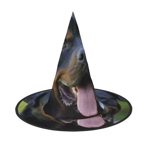 FEYUNYAN Halloween-Hexenhut, verstellbar, biegbar, Hexenkostüm, Zubehör für Frauen und Erwachsene, Party, spitze Zauberermütze, Rottweiler-Tapete, Halloween-Hut, 1 Stück von FEYUNYAN