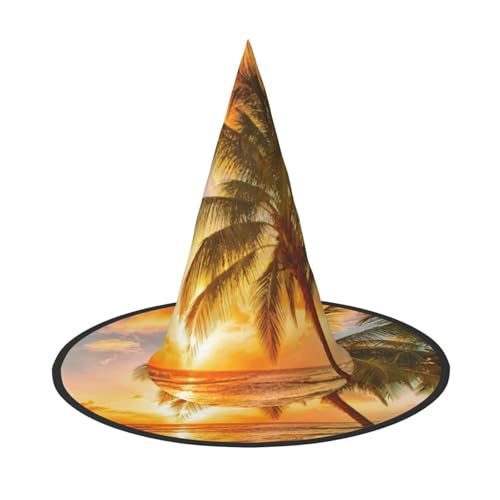 FEYUNYAN Halloween-Hexenhut, verstellbar, biegbar, Hexenkostüm, Zubehör für Frauen und Erwachsene, Party, spitze Zauberermütze, Sonnenuntergang, Hawaii-Palme, Halloween-Hut, 1 Stück von FEYUNYAN