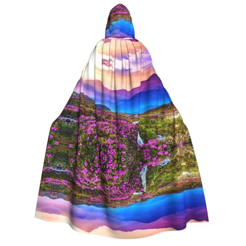 FEYUNYAN Kapuzenumhang für Erwachsene, Berg-Blumenlandschaft, Halloween-Umhang, Gothic-Hexe, Vampir-Kostüm-Zubehör, verstellbarer Bindeverschluss, weicher Polyester-Umhang für Cosplay- und von FEYUNYAN
