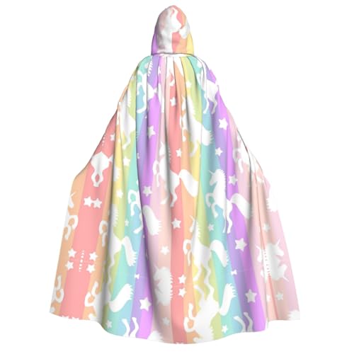 FEYUNYAN Kapuzenumhang für Erwachsene, Einhörner auf bunten Streifen, Halloween-Umhang, Gothic-Hexe, Vampir-Kostüm-Zubehör, verstellbarer Bindeverschluss, weicher Polyester-Umhang für Cosplay- und von FEYUNYAN