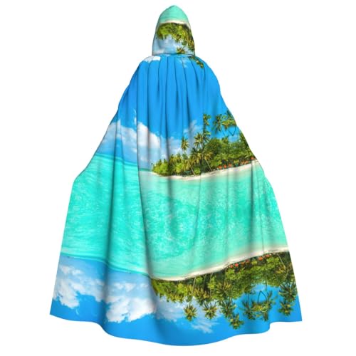 FEYUNYAN Kapuzenumhang für Erwachsene, Island, Sandstrand, Palme, Halloween-Umhang, Gothic-Hexe, Vampir-Kostüm-Zubehör, verstellbarer Bindeverschluss, weicher Polyester-Umhang für Cosplay- und von FEYUNYAN