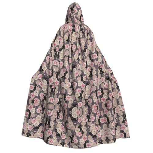 FEYUNYAN Kapuzenumhang für Erwachsene, Katzen-Blumen-Verzierung, Halloween-Umhang, Gothic-Hexen-Vampir-Kostüm-Zubehör, verstellbarer Bindeverschluss, weicher Polyester-Umhang für Cosplay- und von FEYUNYAN