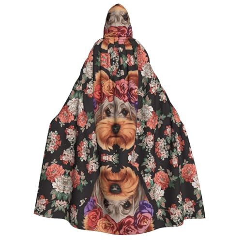 FEYUNYAN Kapuzenumhang für Erwachsene, Yorkie-Hunde-Blumenmuster, Halloween-Umhang, Gothic-Hexe, Vampir-Kostüm-Zubehör, verstellbarer Bindeverschluss, weicher Polyester-Umhang für Cosplay- und FEYUNYAN Kapuzenumhang für Erwachsene, Yorkie-Hunde-Blumenmuster, Halloween-Umhang, Gothic-Hexe, Vampir-Kostüm-Zubehör, verstellbarer Bindeverschluss, weicher Polyester-Umhang für Cosplay- und von FEYUNYAN