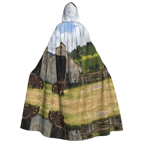 FEYUNYAN Kapuzenumhang für Erwachsene, alte hölzerne Scheune, rostiger Traktor, Halloween-Umhang, Gothic-Hexe, Vampir-Kostüm-Zubehör, verstellbarer Bindeverschluss, weicher Polyester-Umhang für von FEYUNYAN