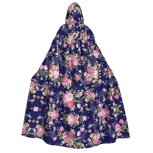 FEYUNYAN Kapuzenumhang für Erwachsene, marineblauer Basis, florales Halloween-Umhang, Gothic-Hexe, Vampir-Kostüm-Zubehör, verstellbarer Bindeverschluss, weicher Polyester-Umhang für Cosplay- und von FEYUNYAN