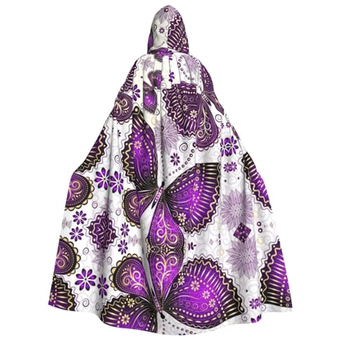 FEYUNYAN Kapuzenumhang für Erwachsene, violett-goldene Schmetterlinge, Halloween-Umhang, Gothic-Hexen-Vampir-Kostüm-Zubehör, verstellbarer Bindeverschluss, weicher Polyester-Umhang für Cosplay- und von FEYUNYAN