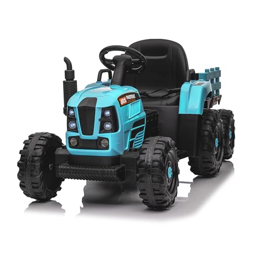 Elektro Traktor mit Anhänger - 12V 3-Gang, USB, MP3, Bluetooth, LED, Fernbedienung - Elektroauto Aufsitztraktor für Kinder (Blau Traktor) von FEZTOY