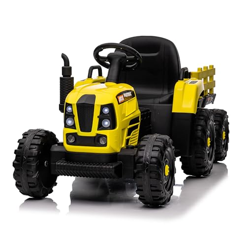 Elektro Traktor mit Anhänger - 12V 3-Gang, USB, MP3, Bluetooth, LED, Fernbedienung - Elektroauto Aufsitztraktor für Kinder (Gelb Traktor) von FEZTOY