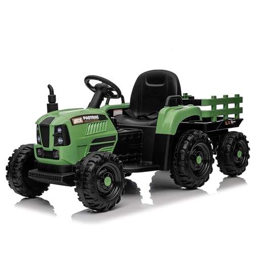 Elektro Traktor mit Anhänger - 12V 3-Gang, USB, MP3, Bluetooth, LED, Fernbedienung - Elektroauto Aufsitztraktor für Kinder (Grün Traktor) von FEZTOY