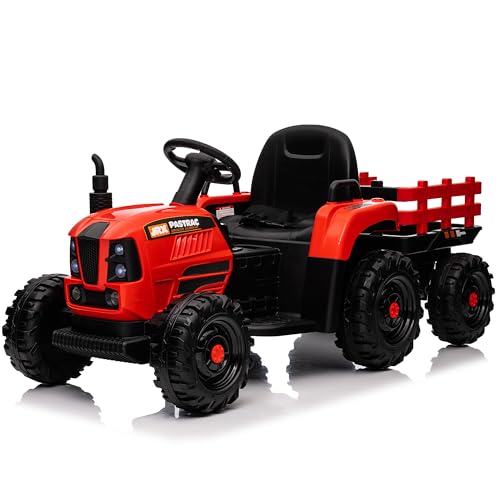 Elektro Traktor mit Anhänger - 12V 3-Gang, USB, MP3, Bluetooth, LED, Fernbedienung - Elektroauto Aufsitztraktor für Kinder (Rot Traktor) von FEZTOY