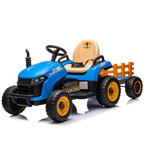 Traktor mit Anhänger, Kinder Aufsitztraktor mit Fernbedienung, Elektroauto mit Bluetooth,Music, LED,Anti-Slip tire,Horn,Kinderfahrzeug, 2.5-3.5km/h, für 3+ Jahre Kinder (Blau) von FEZTOY