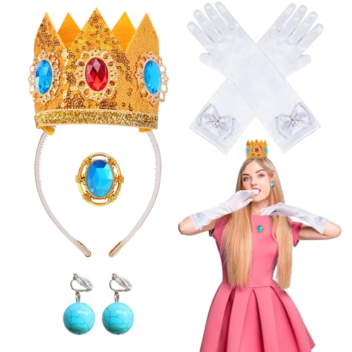 FFTANXS Damen Prinzessinnen-Zubehör, Prinzessin Kostüm, Peach Kostüm Zubehör Set, Krone/Ohrringe/Handschuhe/Brosche, für Dekoration, Tanzpartys und Rollenspiele, Halloween FFTANXS Damen Prinzessinnen-Zubehör, Prinzessin Kostüm, Peach Kostüm Zubehör Set, Krone/Ohrringe/Handschuhe/Brosche, für Dekoration, Tanzpartys und Rollenspiele, Halloween von FFTANXS