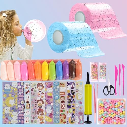 FFTANXS 30 Stück Nano Tape,Nano Tape Bubbles Set Enthalten 2 Nanotape(5cmx3m)+28 Deluxe Materialpakete,Nanoband Party Favors Geschenke,Bubbles DIY Set für ab 3 Jahren Mädchen,Jungen -Rosa + Blau von FFTANXS