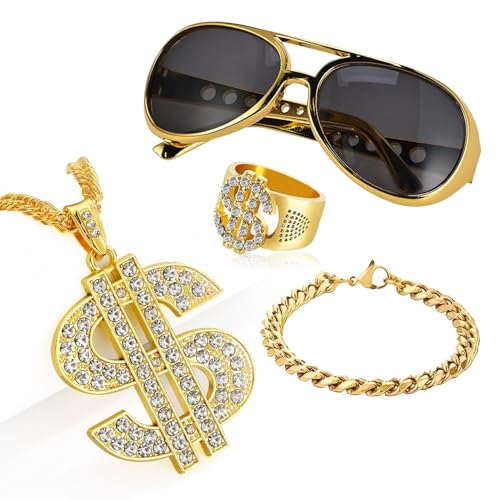 4 Stück Zuhälter Kostüm Zubehör,70 80 90er Jahre Outfit Herren Scheich Kostüm Zubehör HipHop Mit Dollar Halskette Gangster Gang Sonnenbrille Armbänder Ring,Für Rapper Kostüm Kinder Karneval Cosplay 4 Stück Zuhälter Kostüm Zubehör,70 80 90er Jahre Outfit Herren Scheich Kostüm Zubehör HipHop Mit Dollar Halskette Gangster Gang Sonnenbrille Armbänder Ring,Für Rapper Kostüm Kinder Karneval Cosplay von FFTANXS