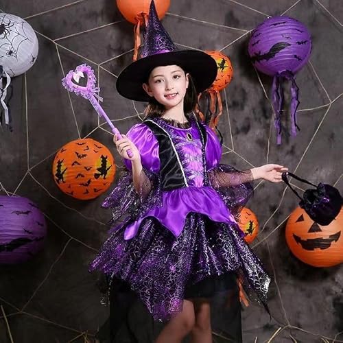 FFTANXS Hexenkostüm Kinder,Halloween Kostüm Hexe Kinder mit Hexenhut Tasche,Zauberstab,Hexenkostüm Mädchen für 3–4 Jahre,Halloween Kostüm kinder Hexe für Karneval Maskerade Halloween Faschings von FFTANXS