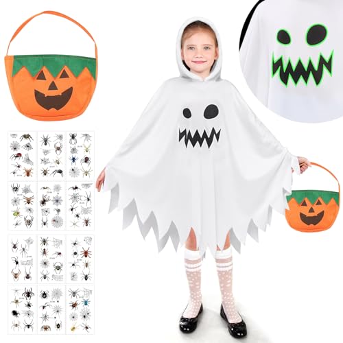 Geister Kostüm für Kinder - Leuchtender Halloween Umhang Mit Kapuzenplüsch, Kürbis-Tasche und Tattoo-Aufkleber für Karneval und Mottoparty Geister Kostüm für Kinder - Leuchtender Halloween Umhang Mit Kapuzenplüsch, Kürbis-Tasche und Tattoo-Aufkleber für Karneval und Mottoparty von FFTANXS