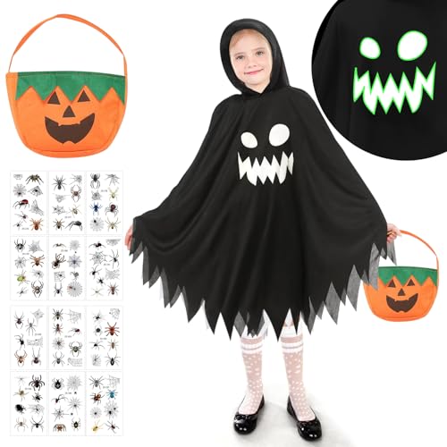 Geister Kostüm für Kinder - Leuchtendes Halloween Kapuzenplüsch Mit Kürbis Tasche und Tattoo Aufkleber - Schwarzer Umhang für Halloween, Karneval, Mottoparty Geister Kostüm für Kinder - Leuchtendes Halloween Kapuzenplüsch Mit Kürbis Tasche und Tattoo Aufkleber - Schwarzer Umhang für Halloween, Karneval, Mottoparty von FFTANXS