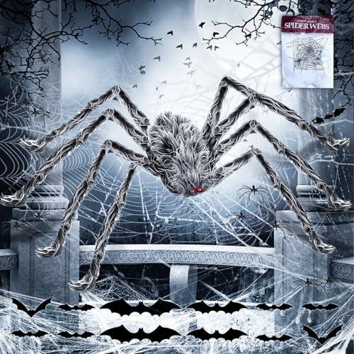 Halloween Deko Outdoor Groß Spinne, 200 cm Halloween Spinnen deko Set mit 60g Spinnenbaumwolle&12 Fledermäuse &10 Spinne, Horror Deko Garten Riesen spinne Halloween, für Garten, Party (Schwarz & Weiß) Halloween Deko Outdoor Groß Spinne, 200 cm Halloween Spinnen deko Set mit 60g Spinnenbaumwolle&12 Fledermäuse &10 Spinne, Horror Deko Garten Riesen spinne Halloween, für Garten, Party (Schwarz & Weiß) von FFTANXS