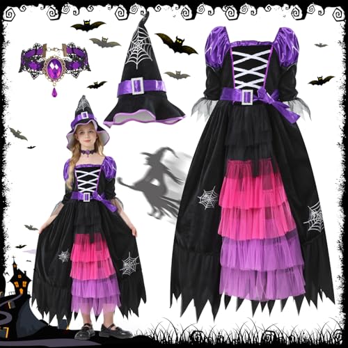 Hexenkostüm Kinder Schwarz Lila,Hexenkostüm Mädchen,Halloween Kostüm Kinder Hexe,Hexe Kostüm Kinder mit hexenhut und Halskette,Kostüm Hexe Kinder für Thema Karneval Party Cosplay,Geeignet 10-12 Jahren von FFTANXS
