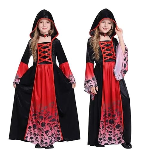 Vampir Kostüm Kinder,Halloween Kostüm Vampir mit Halsband,Gothic Viktorianische Halloween Kostüm Mädchen,Halloween Kostüm Mädchen für Halloween Karneval Fasching Mottoparty, Rot-Schwarz-Größe M von FFTANXS