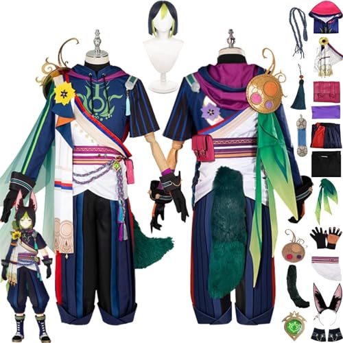 FFTDCYHT Genshin Impact Tighnari Cosplay Costume Outfit Game Characters Uniform Complete Set Halloween Carnival Party Dress Up Suit with Headpiece Tail Wig, Men Boys Dress Up von FFTDCYHT