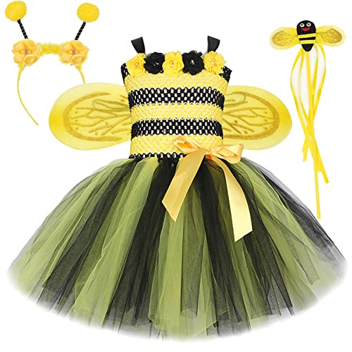 FGUUTYM Karneval Kostüm Blumenfee Kostüm mit Tüllkleid, Flügel, Zauberstab und Haarreif für Kinder Karneval Fasching Cosplay Party Kleid 2-12 Jahre Biene Kostüm Mit Antenne von FGUUTYM