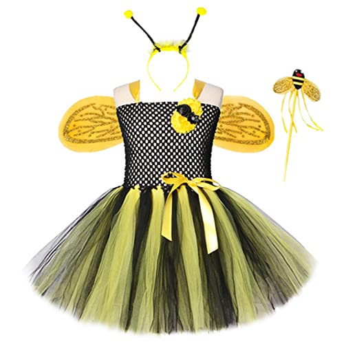 FGUUTYM Karneval Kostüm Blumenfee Kostüm mit Tüllkleid, Flügel, Zauberstab und Haarreif für Kinder Karneval Fasching Cosplay Party Kleid 2-12 Jahre Biene Kostüm Mit Antenne von FGUUTYM