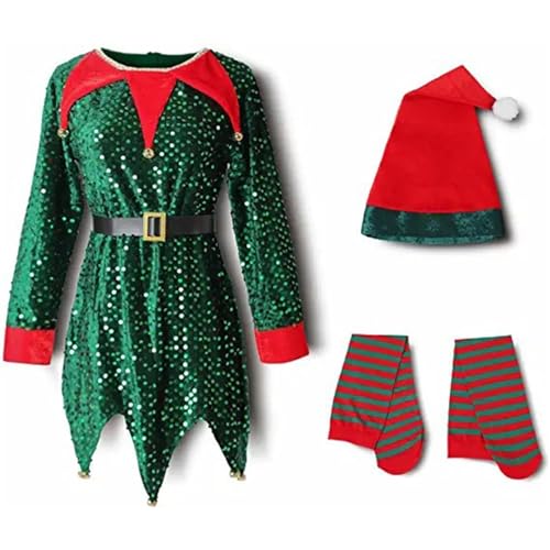 FGUUTYM Kleinkind Baby Mädchen Weihnachtsmann Kostüm Samt Langarm Weihnachtskleid + Gestreifte Socken + Weihnachtsmütze PC-Sets Sweatshirt (Green, 6-12 Months) von FGUUTYM