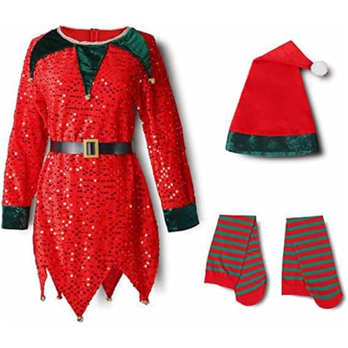 FGUUTYM Kleinkind Baby Mädchen Weihnachtsmann Kostüm Samt Langarm Weihnachtskleid + Gestreifte Socken + Weihnachtsmütze PC-Sets Sweatshirt (Red, 6-12 Months) von FGUUTYM