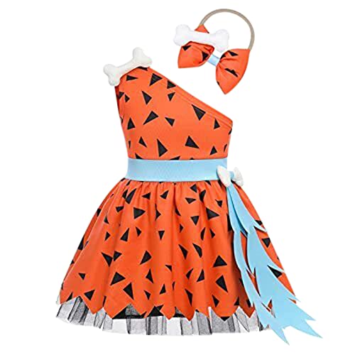 FGUUTYM Kleinkind Caveman Kostüm Halloween Hundeknochen Historisches Cavegirl Mesh Tüll Kleid Prinzessin Outfits Schlüsselkette Edelstahl (Orange, 5-6 Years) von FGUUTYM