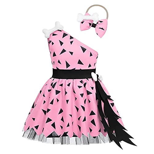 FGUUTYM Kleinkind Caveman Kostüm Halloween Hundeknochen Historisches Cavegirl Mesh Tüll Kleid Prinzessin Outfits Schlüsselkette Edelstahl (Pink, 18-24 Months) von FGUUTYM