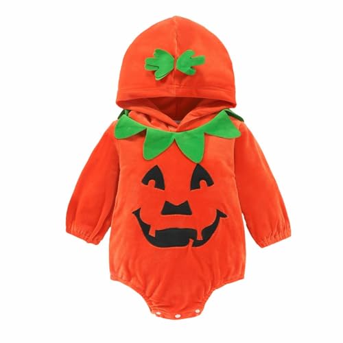 FGUUTYM Oddler Mädchen Langarm Halloween Cosplay Strampler Kostüm Weicher Fleece Kapuzenbody Kuschelanzug (Orange, 0-3 Years) von FGUUTYM