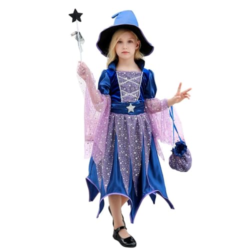 Hexenkostüm Halloween für Mädchen mit Hut, Süßigkeitentüte, Stick, ausgefallenes Party-Anzieh-Outfit, Cosplay, Hexenkostüm, süßes Hexenkostüm-Set Kette Mit Karabinerhaken Beidseitig (Blue, 3-4 Years) von FGUUTYM
