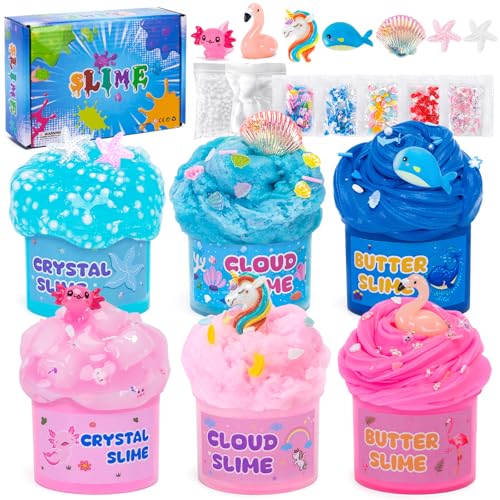 FGZU 6 Stück Slime Set mit Fluffy Cloud Slime, Butter Slime & Clear Slime, Stressabbau Schleim Kinder DIY Slime Kit mit Unicorn Axolotl Slime Charms, Party Geburtstags Geschenke für Mädchen Jungen FGZU 6 Stück Slime Set mit Fluffy Cloud Slime, Butter Slime & Clear Slime, Stressabbau Schleim Kinder DIY Slime Kit mit Unicorn Axolotl Slime Charms, Party Geburtstags Geschenke für Mädchen Jungen von FGZU