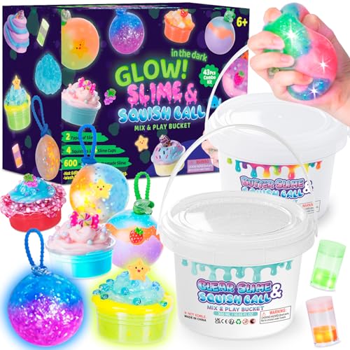 FGZU Leuchtender Slime & Squishy Selber Machen Set, 300ml Clear Slime & 300ml Butter Schleim Kinder Set mit 25 Add-Ins, Stressabbau Sensorik Spielzeug Geschenk ab 6 Jahre von FGZU