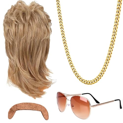 4er Set Vokuhila Perücke Herren,Herren Perücke 80er 90er Jahre Outfit Accessoires Herren Blond Perücken Wig Sonnenbrille Halskette Für Fasching Cosplay Halloween Kostümfeste Usw 4er Set Vokuhila Perücke Herren,Herren Perücke 80er 90er Jahre Outfit Accessoires Herren Blond Perücken Wig Sonnenbrille Halskette Für Fasching Cosplay Halloween Kostümfeste Usw von FGen